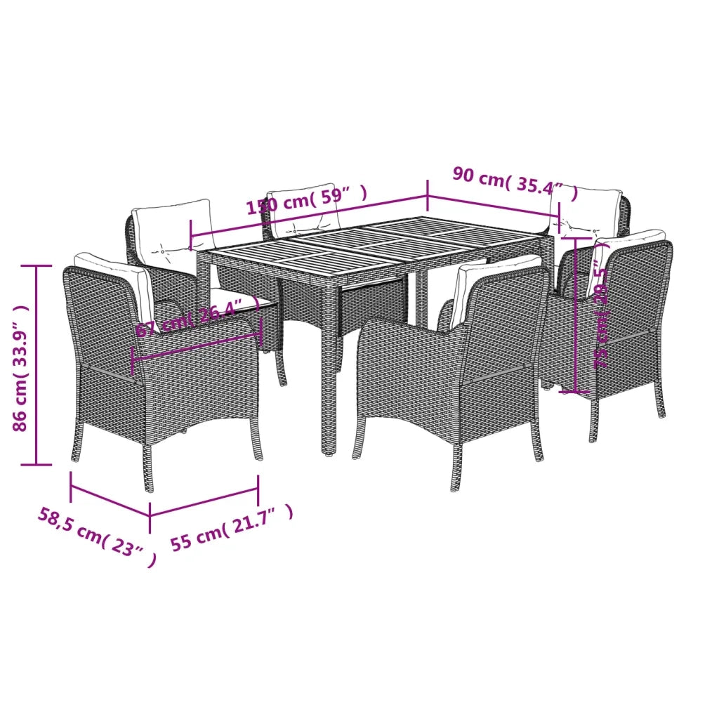 Set da Pranzo da Giardino 7 pz Nero con Cuscini in Polyrattan 3211863
