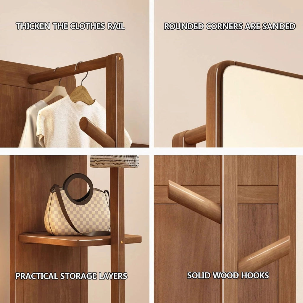 Specchio a Figura Intera con attaccapanni Specchio da Pavimento in Legno Girevole a 360° per Camera da Letto e Soggiorno