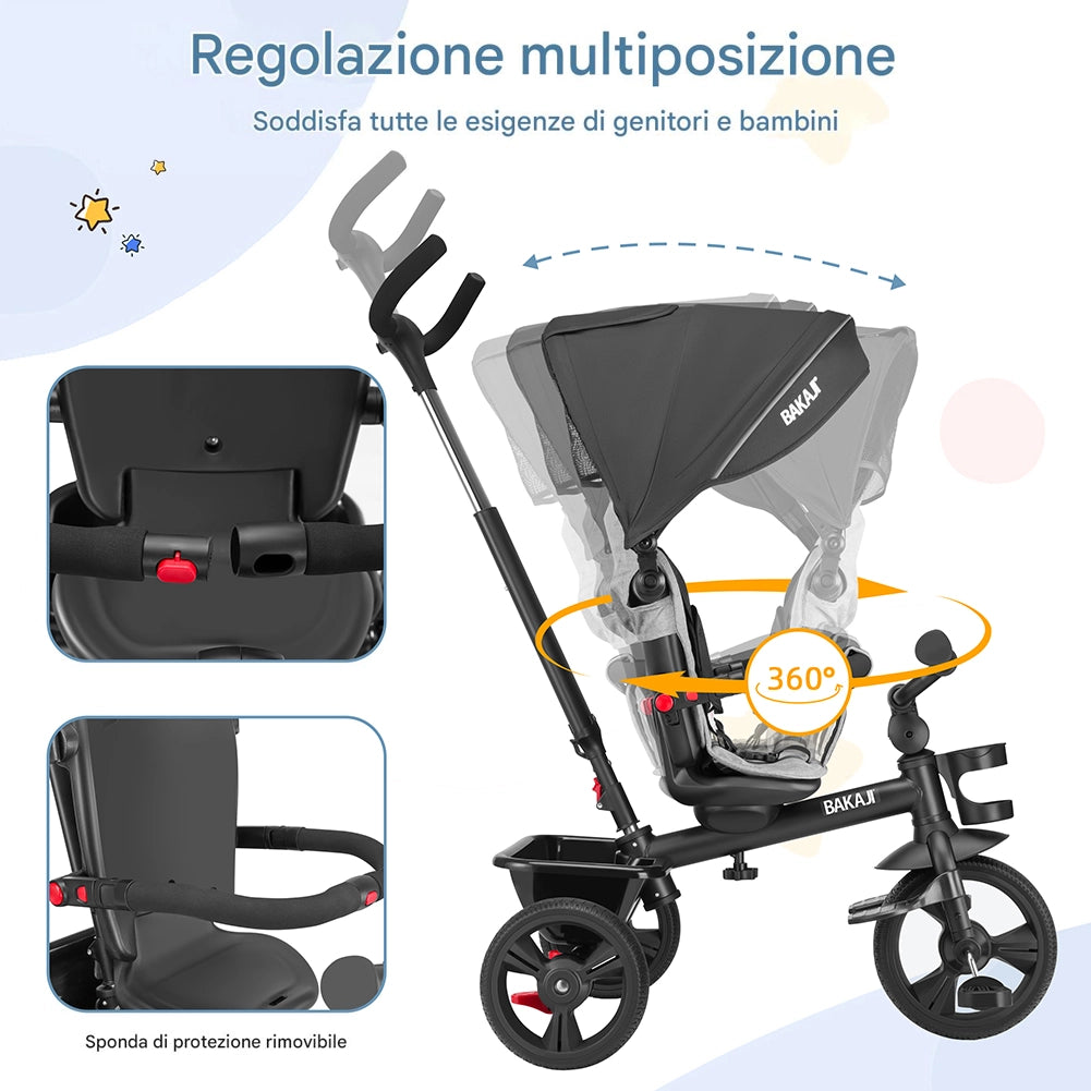 Triciclo Bambini 5in1 con Sedile Girevole 360°, Cappottina, Pedali e Maniglione Regolabile Nero