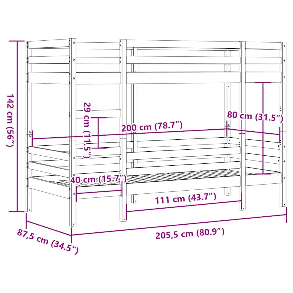 Letto singolo | Letto per adulti | Letto a Castello Marrone Cera 80x200 cm in Legno di Pino