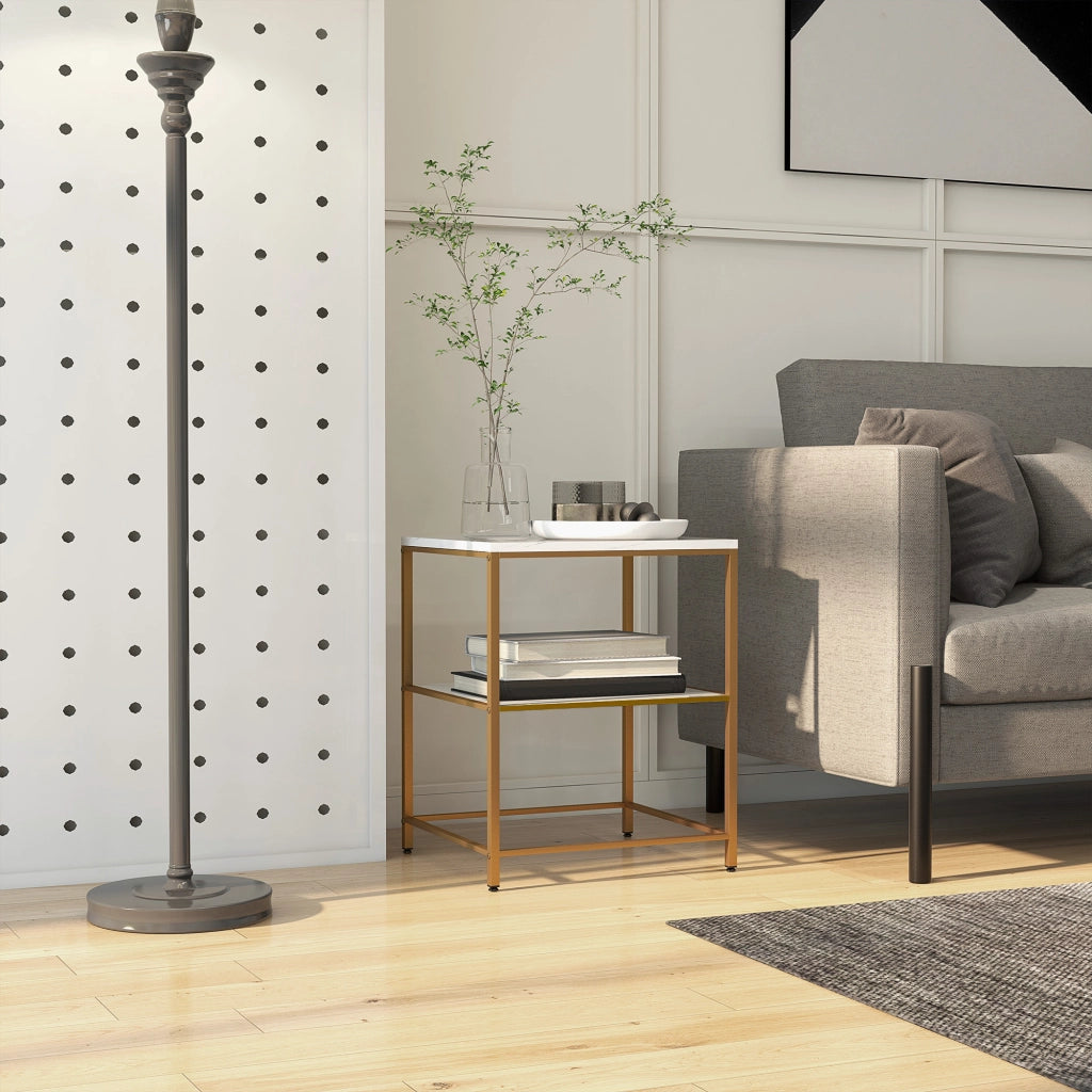 Tavolino da salotto con 2 ripiani effetto marmo e struttura in metallo dorato ¨C Zephmum ¨C 44x40x54.5 cm