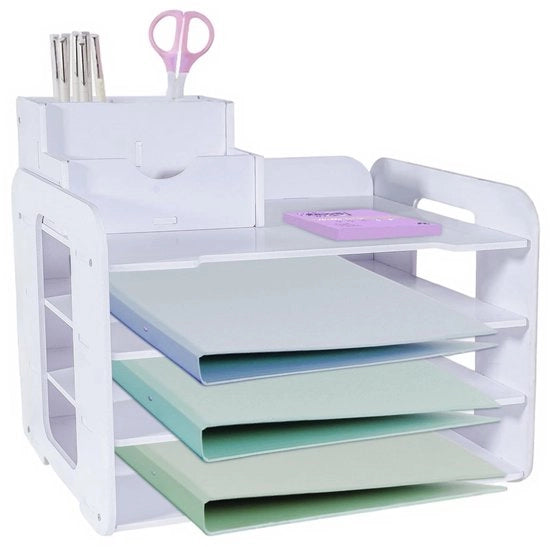 HMXLJJY 4-schivi cartellino, contenitore per A4 carta, cassetta per ufficio, organizzatore di scrivania con cassettoni archiviabili, organizzatore di carta per ufficio con contenitore per penne (bianco)