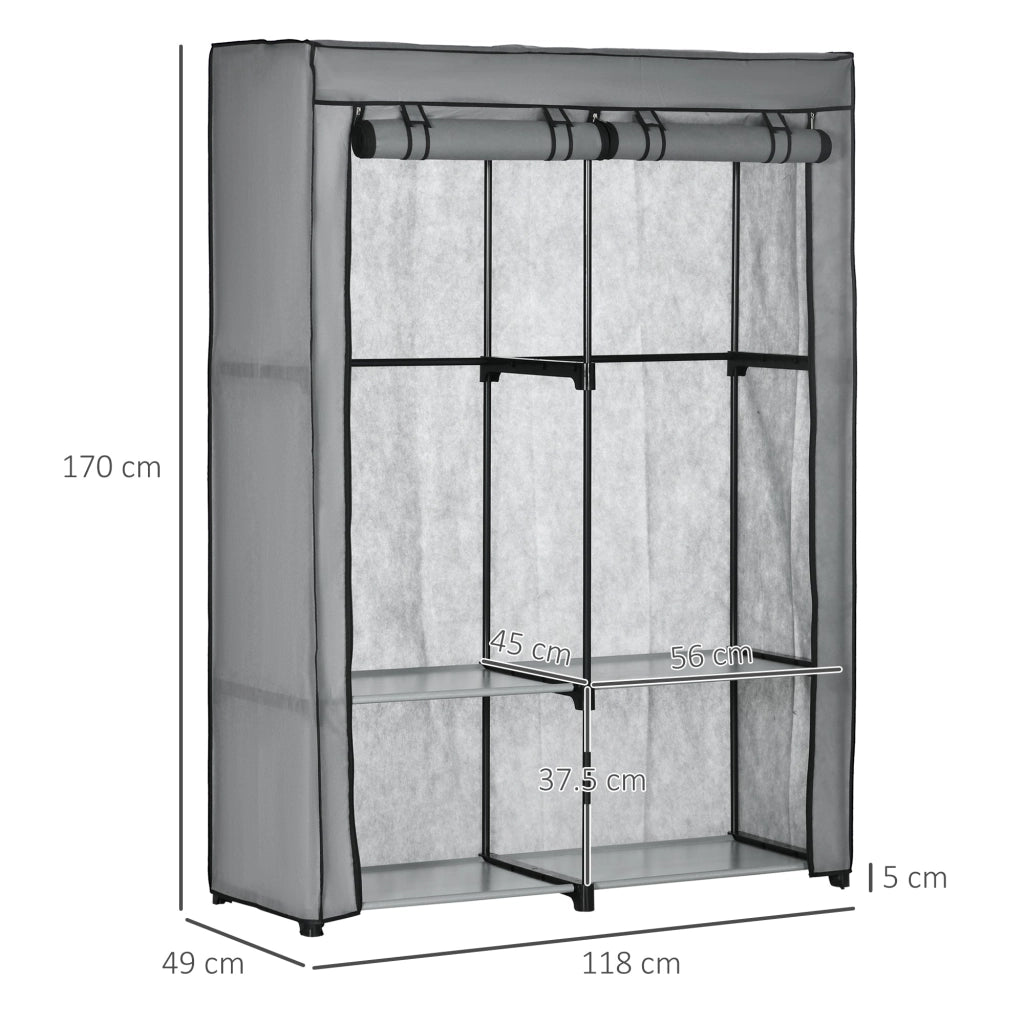 Armadio Guardaroba da Campeggio 118x49x170 cm 4 Ripiani Aperti e 2 Appendini in Tessuto non Tessuto Grigio