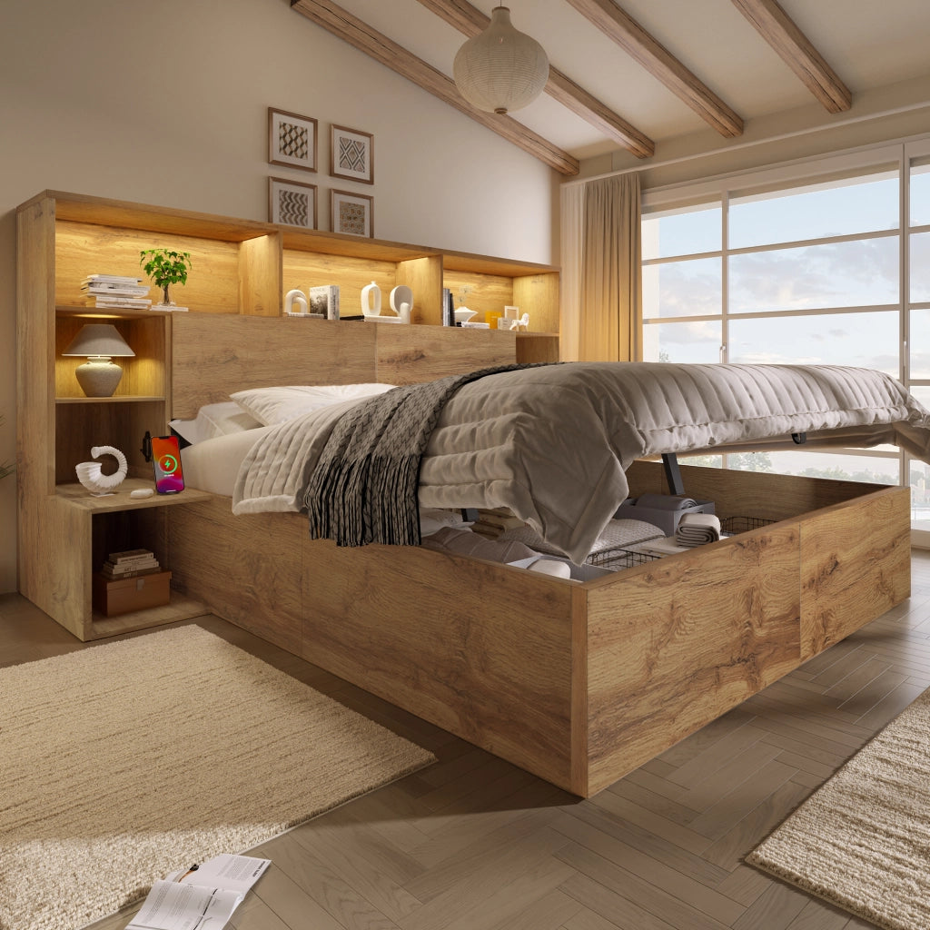 Letto matrimoniale 180 × 200 cm con contenitore idraulico comodini integrati LED USB e USB-C rovere