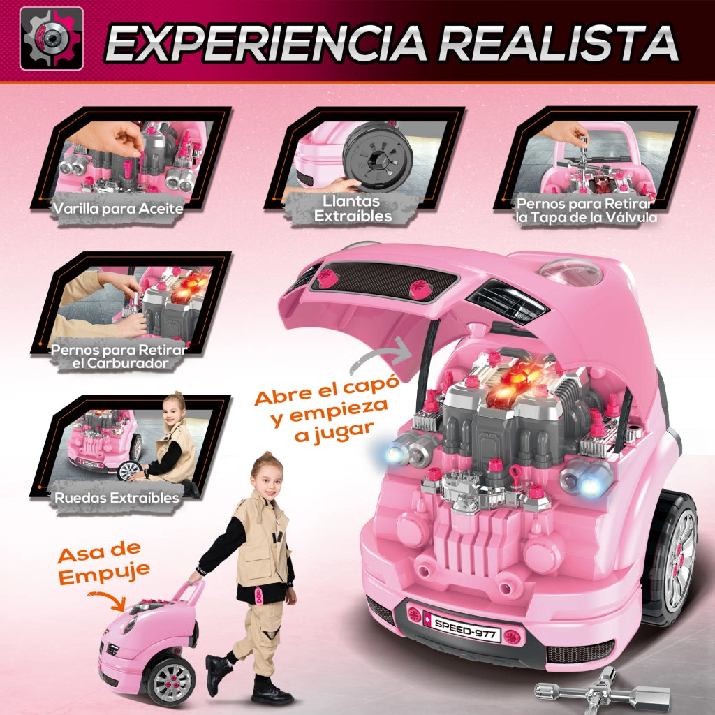 Set Gioco Motore Bambini con Volante e Attrezzi 61 Pezzi ¨C Xylo ¨C Rosa 40x39x47cm