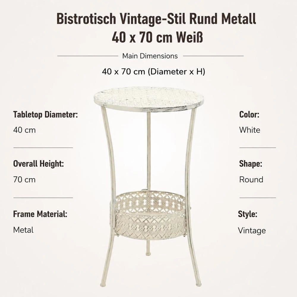 Bistro Table Vintage Style Round Metal 40 X 70 Cm White