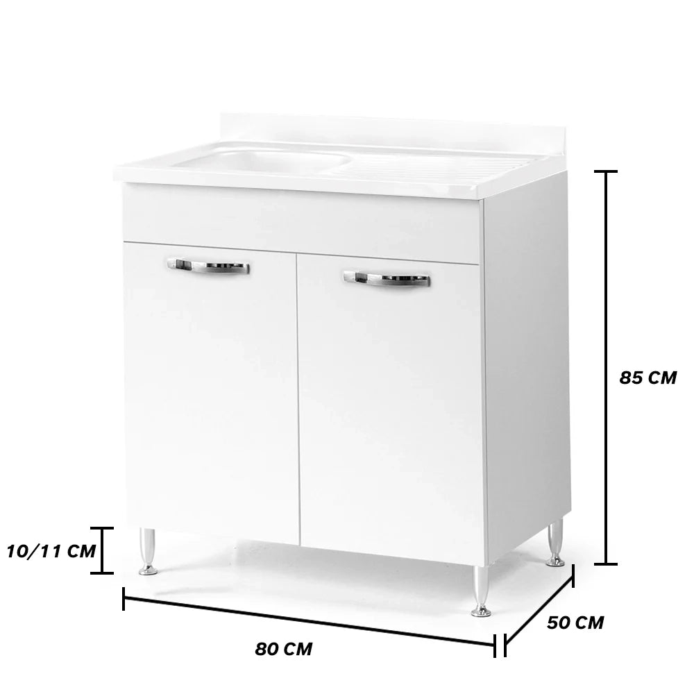Sottolavello per cucina componibile da 80 cm con due ante, Lavello con 2 Vasche, realizzato in legno 100% MADE IN ITALY colore Bianco Frassino