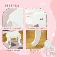 Tavolo da Trucco per Bambini con Sgabello e Triplo Specchio, in Legno e Acrilico, 63x40x85.5 cm, Bianco