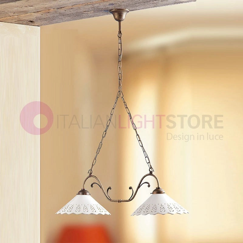 VOLTERRA Sospensione Bilanciere Ottone e Ceramica Rustico Country