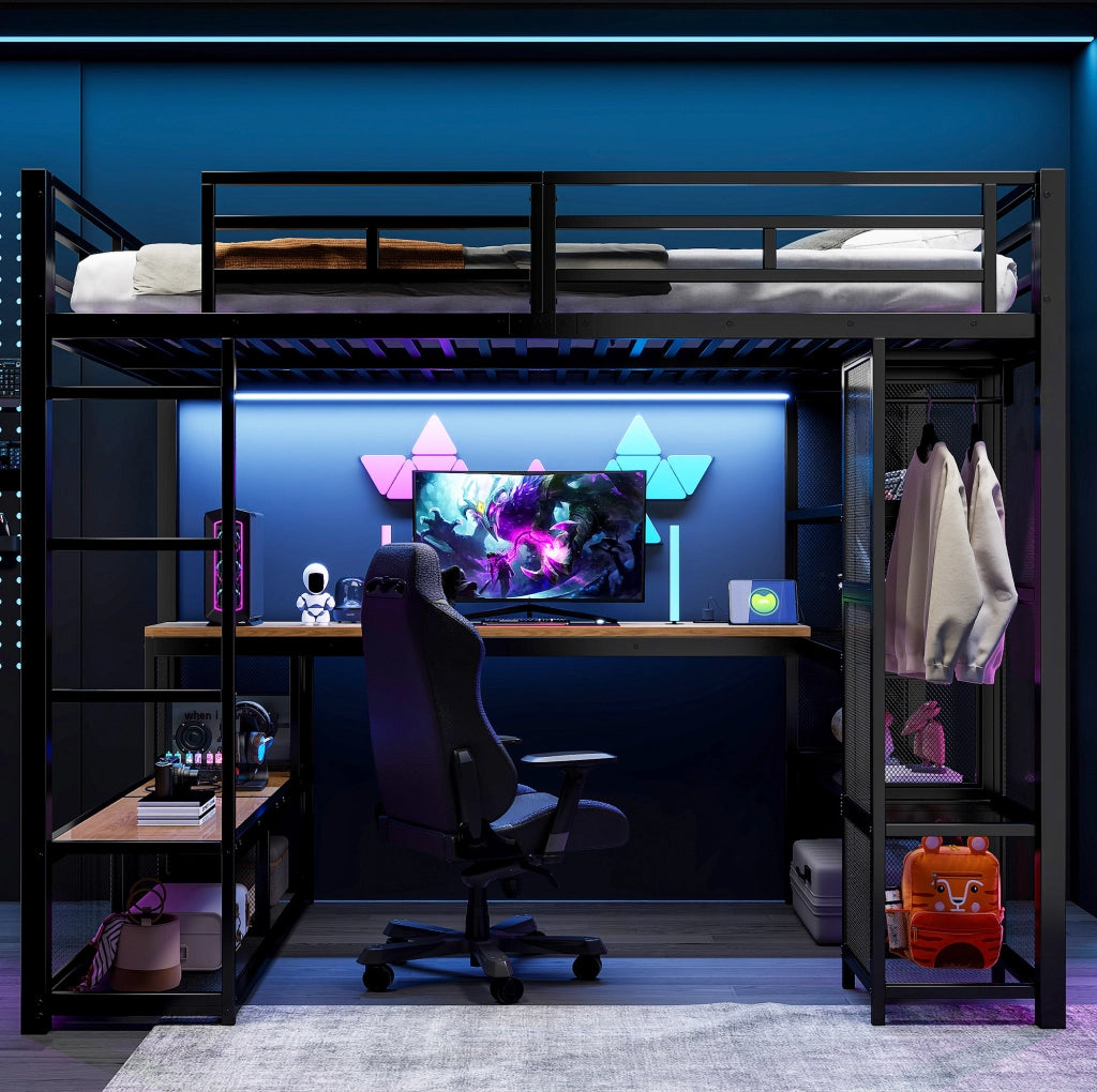 Letto a soppalco 140x200 cm con scrivania; ripiani; LED e guardaroba aperto in metallo nero