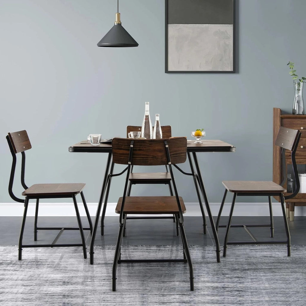 Set Tavolo e 4 Sedie da Pranzo, Set da Pranzo in Stile Industriale con Struttura di Metallo, Set Tavolo Rettangolare per Cucina Ristorante, Marrone (Set Tavolo e 4 Sedie)