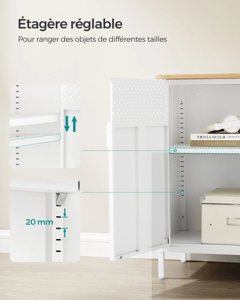 Mobile contenitore/credenza 40 x 80 x 76 cm con doppie ante magnetiche e ripiano regolabile per sala da pranzo soggiorno cucina ingresso struttura in acciaio stile industriale bianco 12_0006434