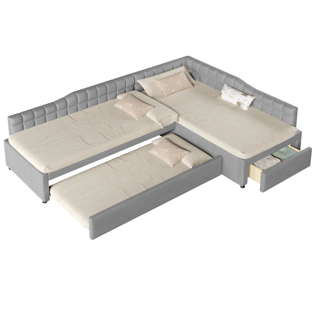 Letto a L 90x200 cm con letto estraibile e cassetti in flanella grigio