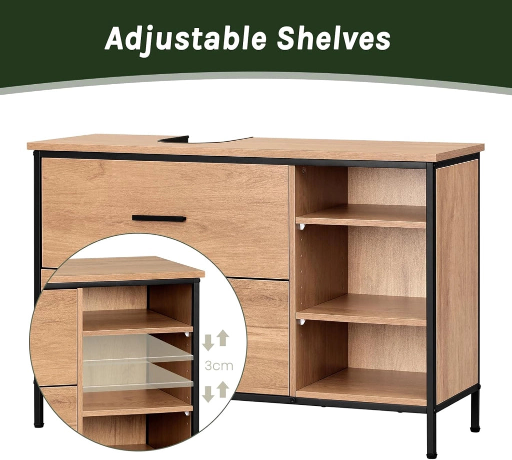 Mobiletto Bagno, Mobiletto Portaoggetti, Mobile Sottolavello da Bagno con 2 Cassetti e 3 Vani a Giorno, Struttura in Metallo, Rovere Chiaro - Nero, 90x30x60 cm