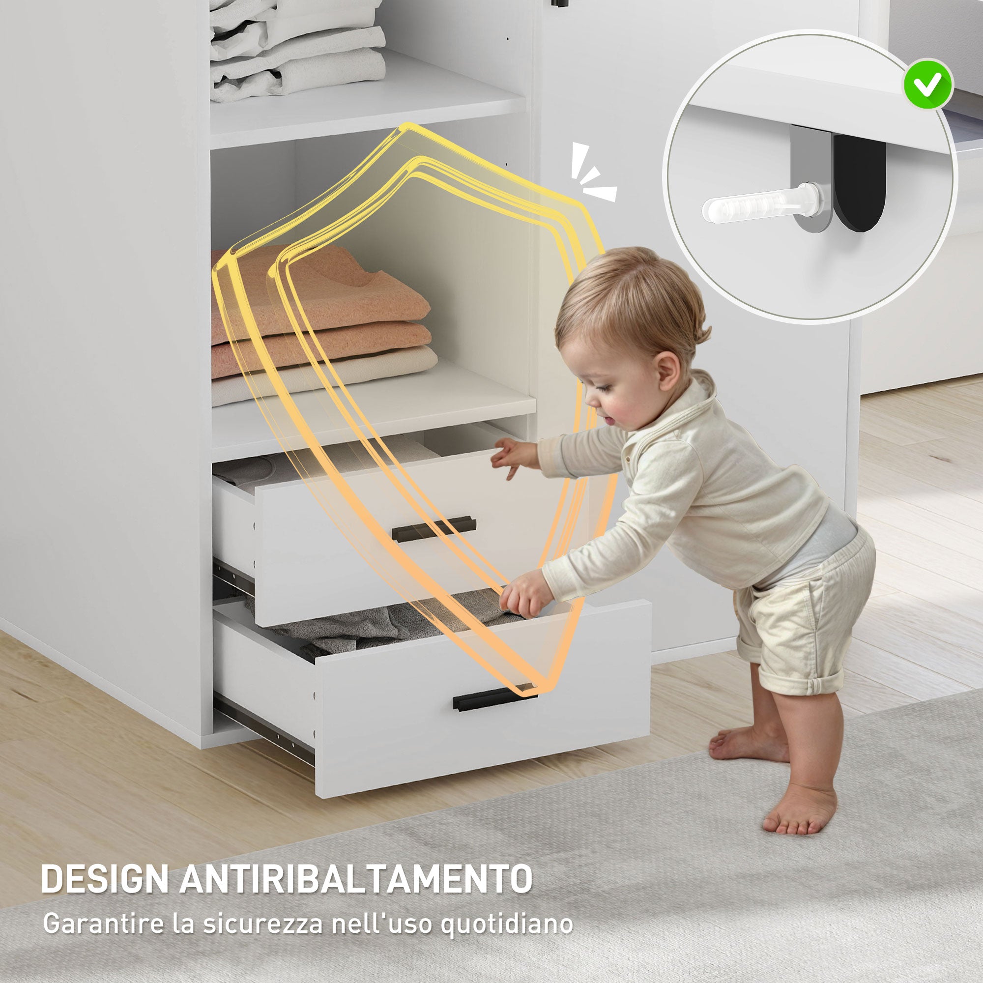 Armadio Moderno 80x50x124 cm Appendiabiti Cassetti e Mensole in Truciolare Bianco