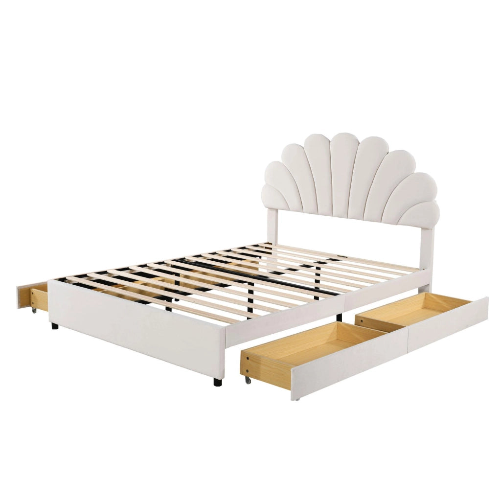 OKWISH Letto con Cassetti 140×200 cm, Letto Matrimoniale con 4 Cassetti, Testiera a Fiore e Vani Portaoggetti, senza Materasso, Velluto Beige