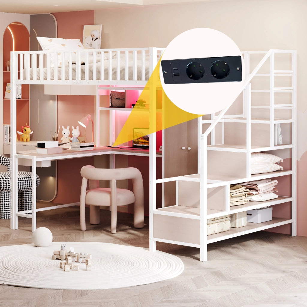 OKWISH Letto a Soppalco 140×200 cm, Letto Matrimoniale con Scrivania, Armadio, Mensole, Porte USB e Tipo C, LED Regolabile, senza Materasso, Bianco