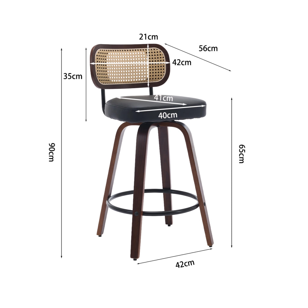 Sgabelli da bar girevoli, 3 pezzi con schienale in rattan, seduta in PU e gambe in legno color noce e nero