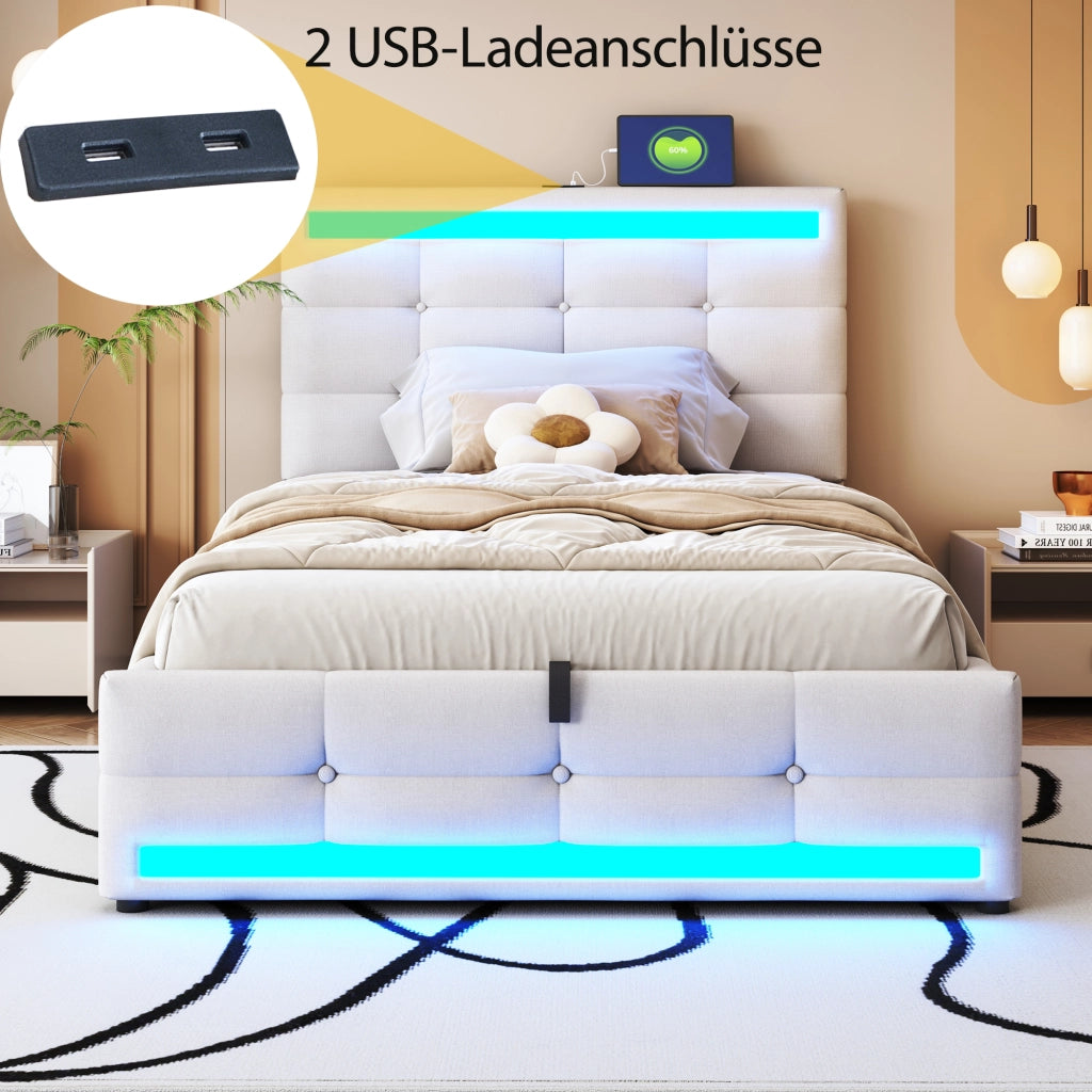 DESMIU Letto imbottito 90 × 200 cm 1 posto con LED RGB, 2 porte USB, testiera regolabile, senza materasso, beige