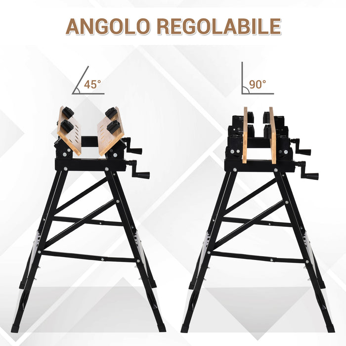 Banco da Lavoro Pieghevole 150kg con 4 Morse e Goniometro Nero e Legno