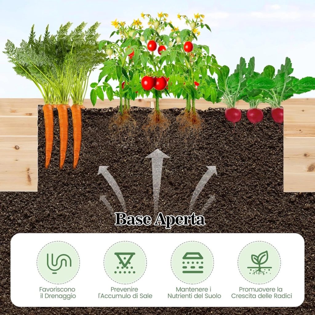 Lettino da Giardino Elevato in Legno con 2 Scatole per Piante e Separatori, Fioriera da Giardino Rialzato in Legno Massiccio da 228 cm per Fiori, Verdure, Frutta e Erbe (Naturale)