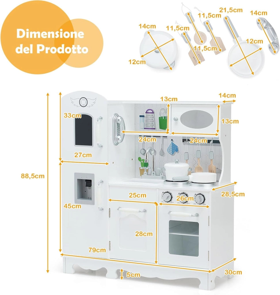 Cucina Giocattolo per Bambini in Legno, Cucina per Bambini con Telefono, Lavello, Forno Fornelli, Frigo e Distributore Acqua, con Luci e Suoni Realistici, Bianco
