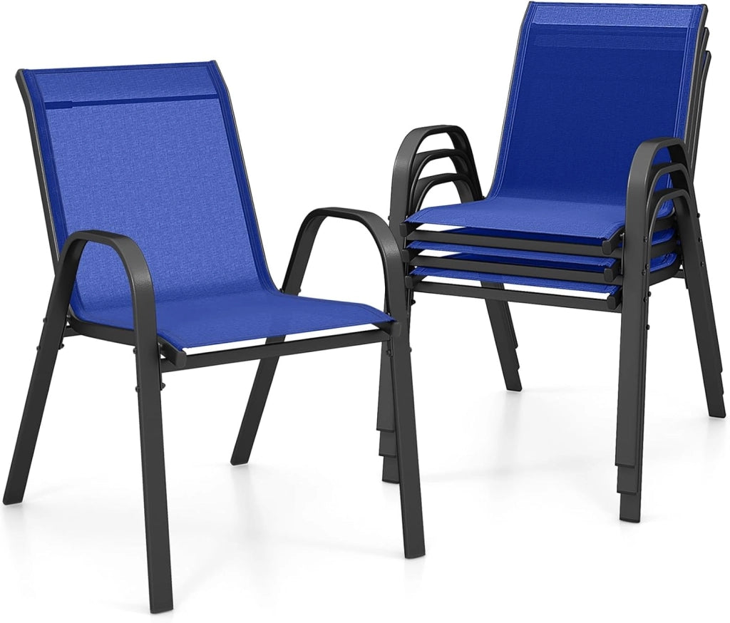 Set di 4 Sedie Impilabili, Sedia da Giardino con Corrimano, Telaio in Acciaio Tubolare Verniciato a Polvere, Sedia per Giardino e Patio