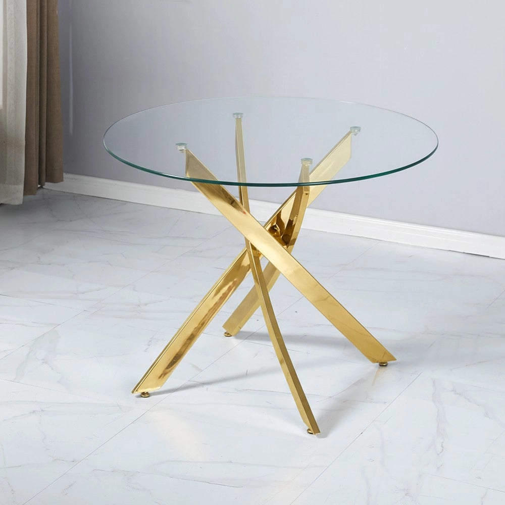 Tavolo Rotondo Peyton 100x100 cm in Vetro Temperato con Gambe Incrociate oro