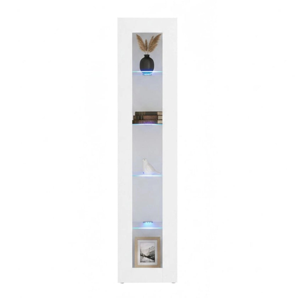 Vetrina a colonna con anta a Aristotele, Made in Italy, con luce LED blu, Credenza con ripiani, Vetrinetta da soggiorno, cm 40x30h180, colore Bianco lucido