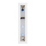Vetrina a colonna con anta a Aristotele, Made in Italy, con luce LED blu, Credenza con ripiani, Vetrinetta da soggiorno, cm 40x30h180, colore Bianco lucido