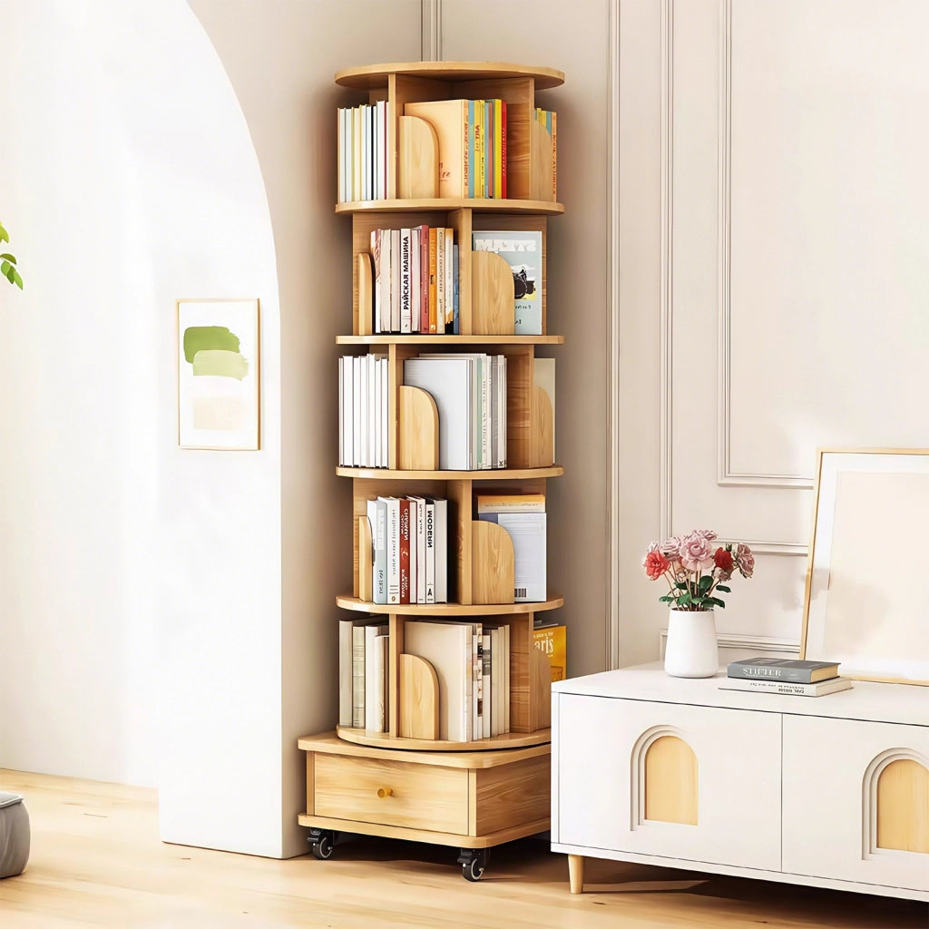 LIBRERIA Girevole 360° con cassetto e ruote 58x56x29 cm Colore legno MDF