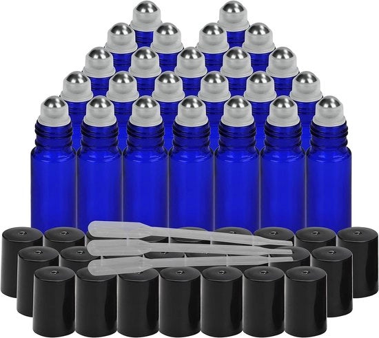 Roller Fleschi in Vetro - Navulabili - Blu di Cobalto - Olio Eterico - Aromaterapia - Adatto per 10 ml - 24 Pezzi