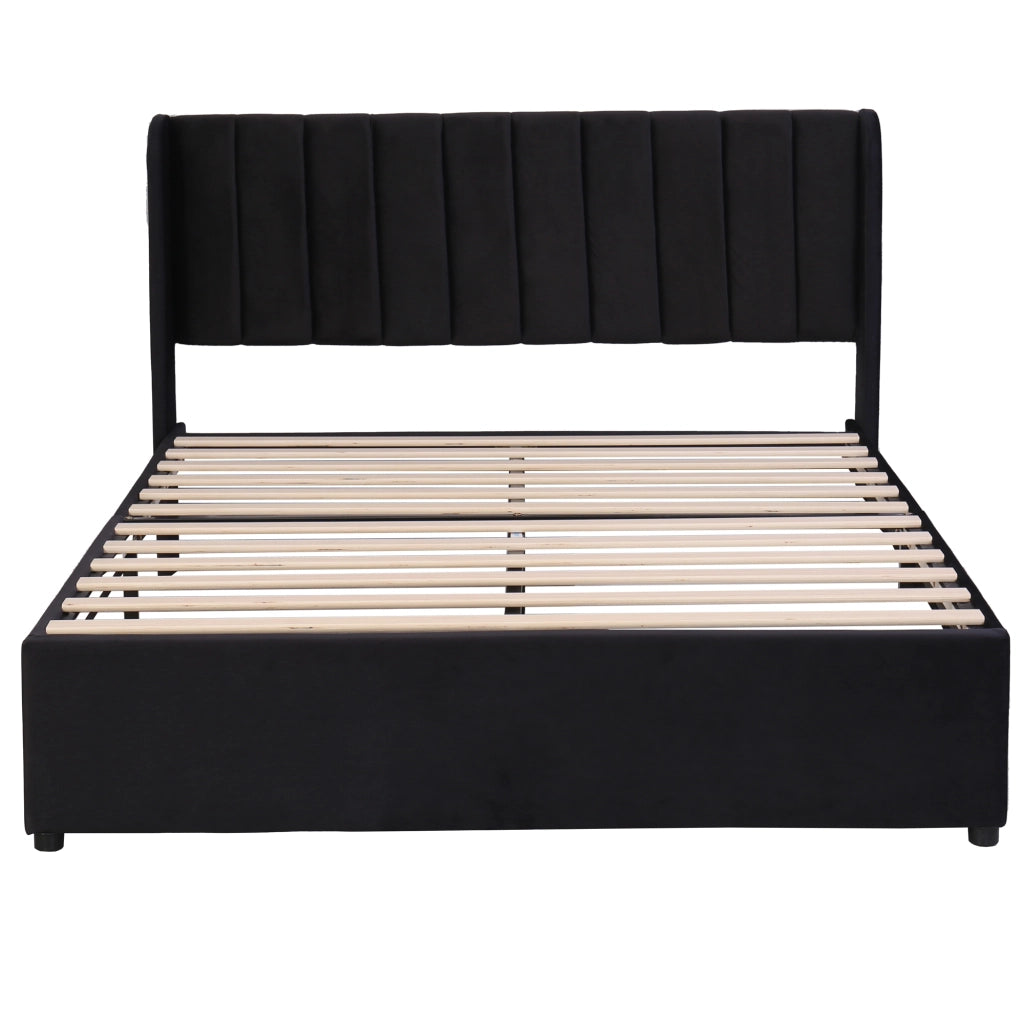 Letto imbottito 140 x 200 cm in velluto nero con rete a doghe, 2 cassetti e testiera alta