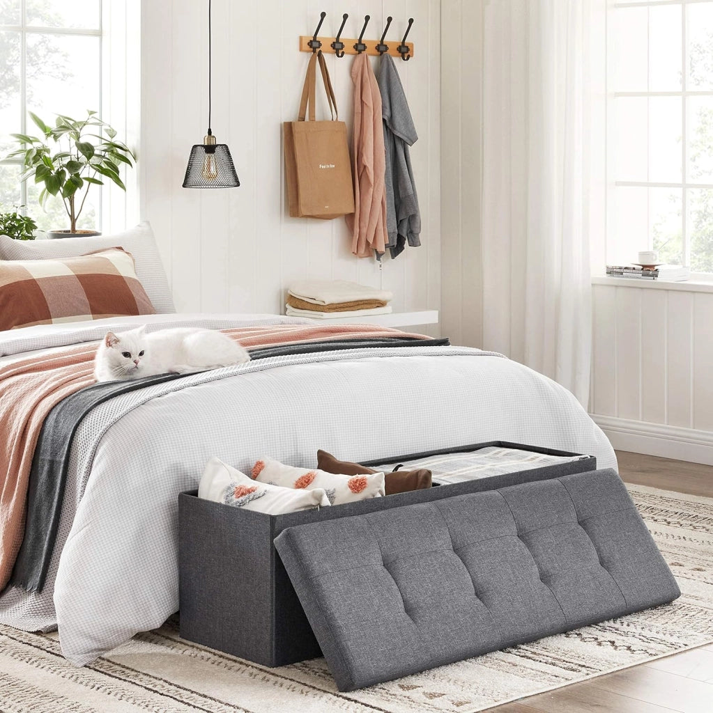 Pouf contenitore Valora PUFA in MDF grigio scuro, tessuto simile al lino