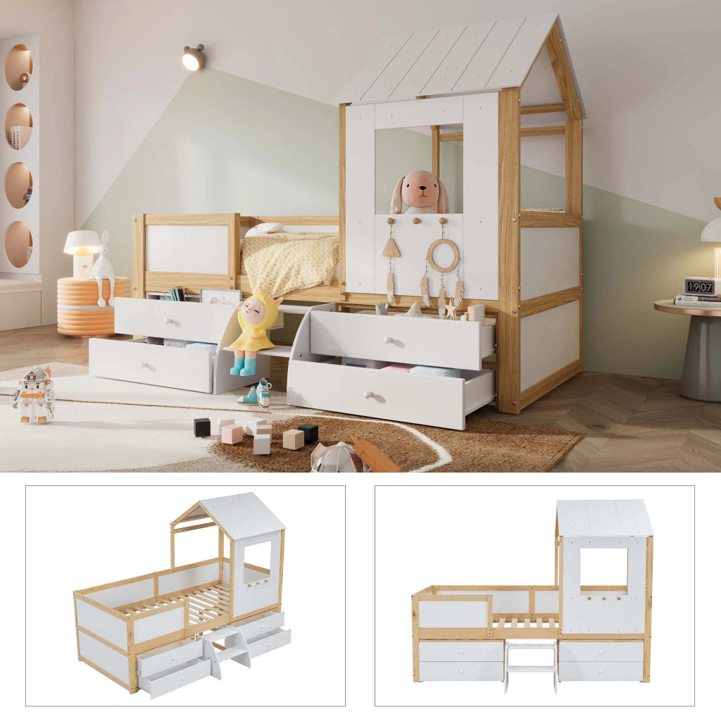 Letto Casetta 90x200 cm - 4 Cassetti; Scala e Finestra - Legno - Bianco e Naturale