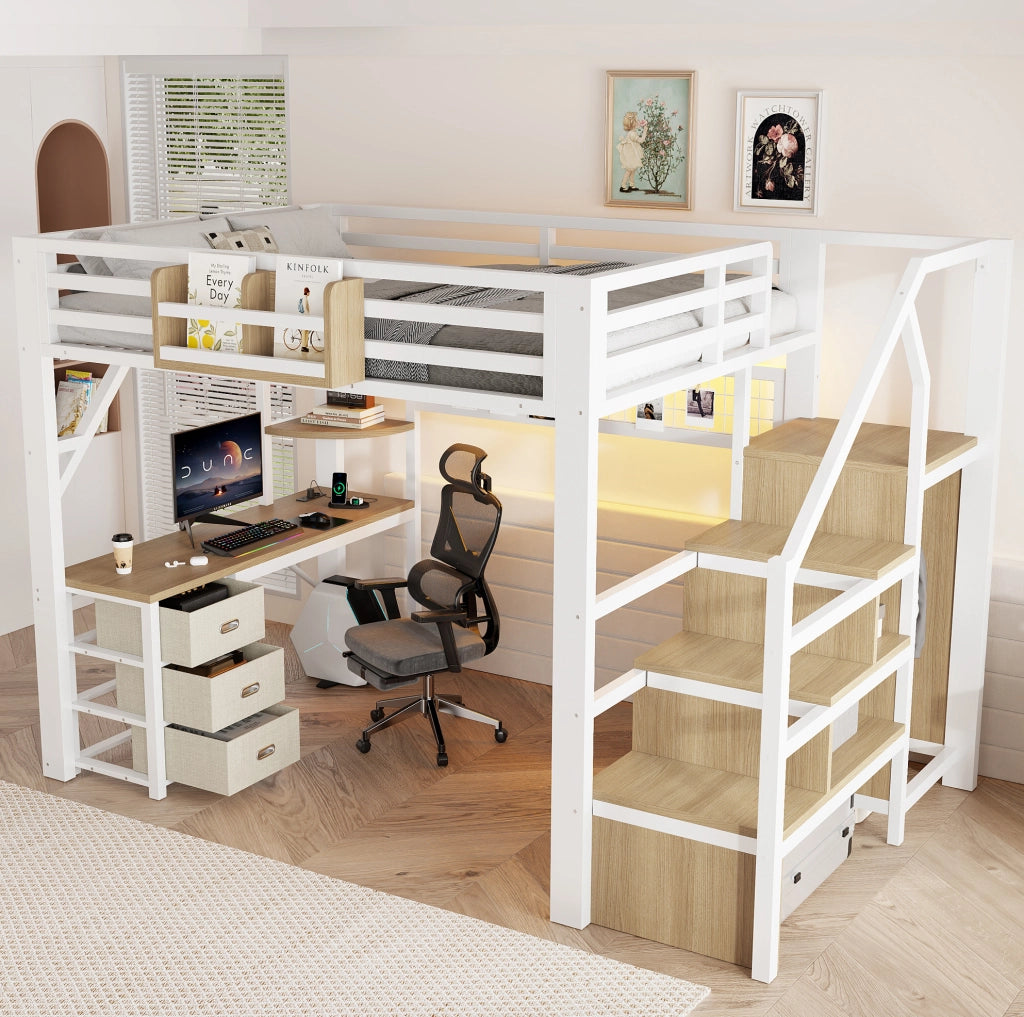 Letto a soppalco 140x200 cm con scrivania, LED e armadio