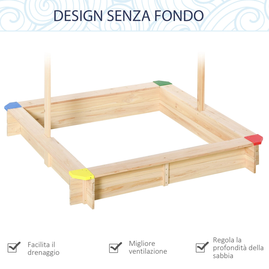 Sabbiera per Bambini in Legno con Panca Tettuccio Parasole Regolabile