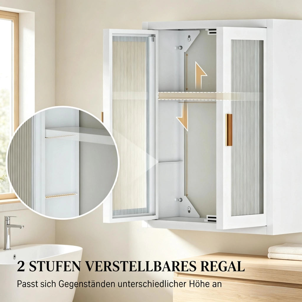 Mobiletto da bagno alto a parete con due ante e ripiano interno regolabile in altezza.