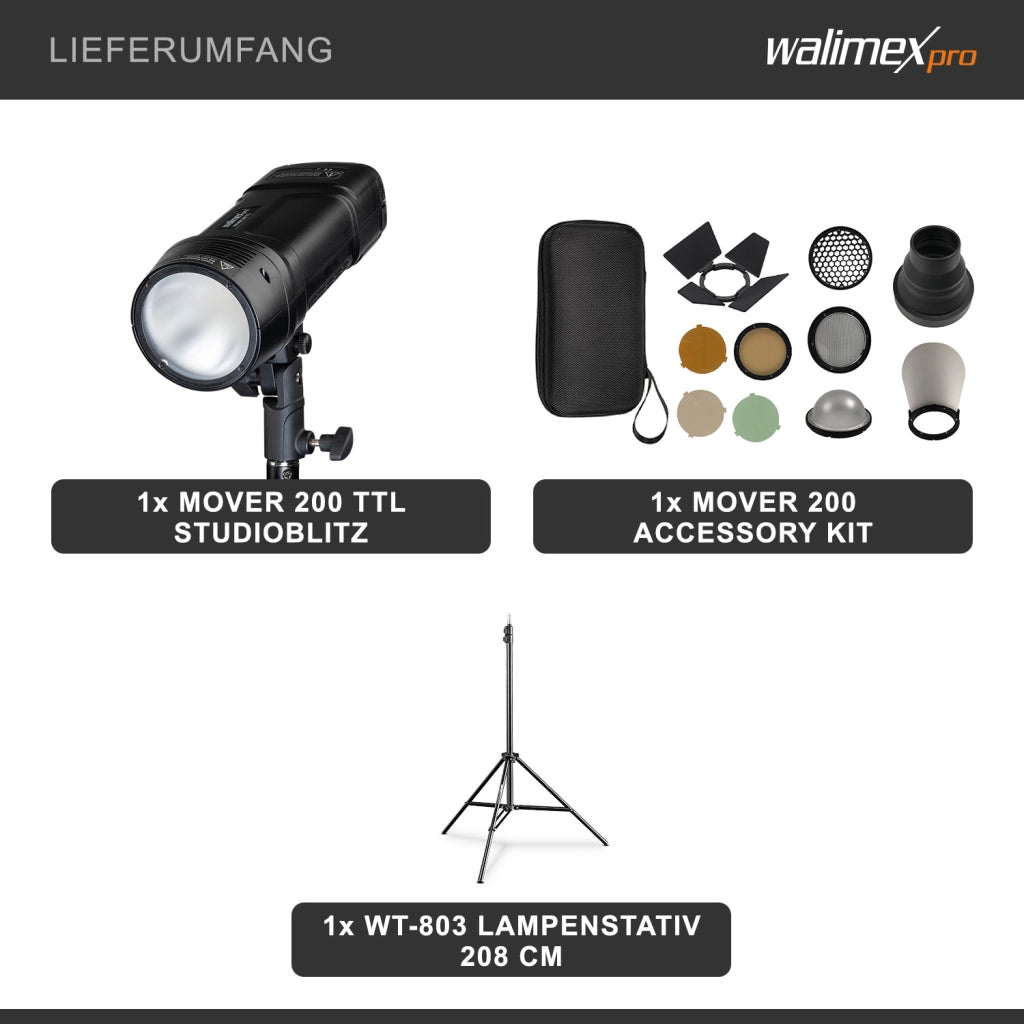 Set Single Flash fotografico a batteria Mover 200 TTL, portatile con ricevitore a 2,4 GHz, compatibile HSS e TTL, capacità di 2.900 mAh, potenza 200 W, per fotografia outdoor