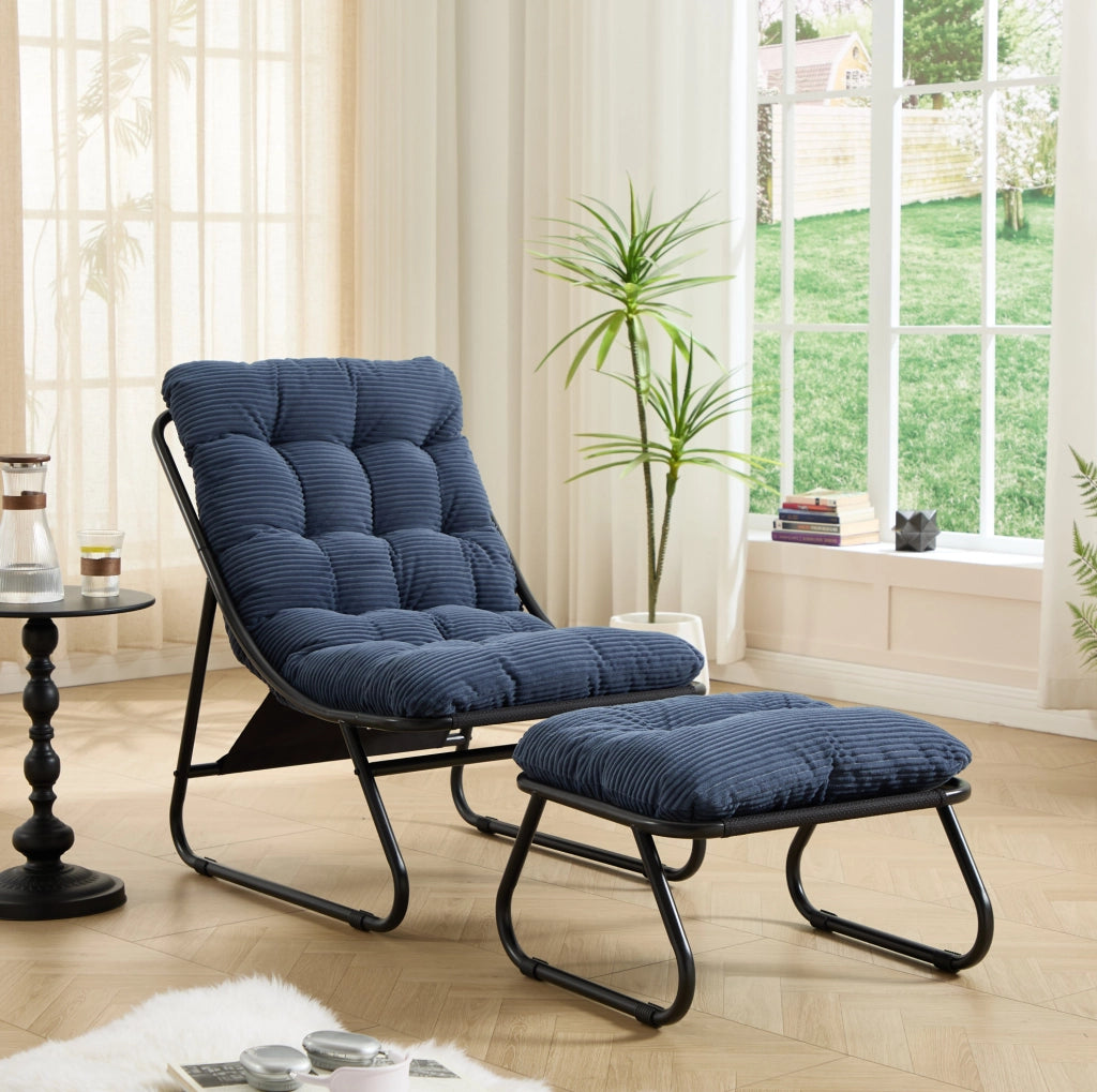 Poltrona lounge da esterno con pouf 65x78x86 cm acciaio nero e blu notte