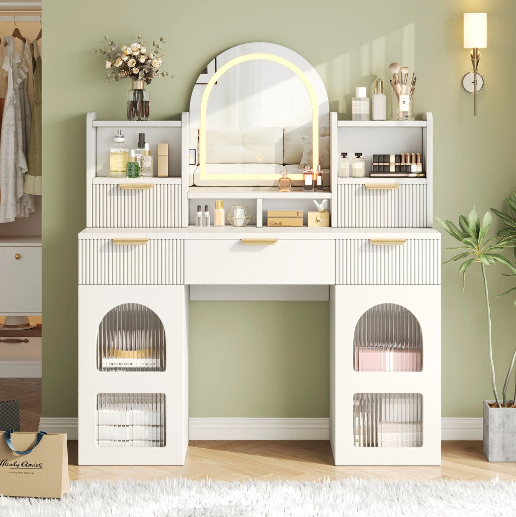 Toeletta bianca con specchio LED, vetrine e 3 cassetti
