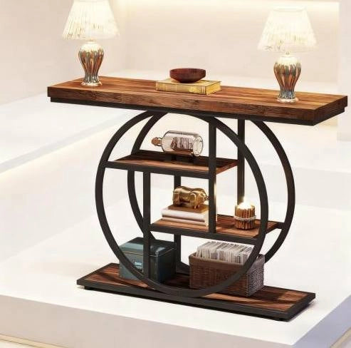 Tavolo consolle a 4 livelli in metallo e legno nero e marrone rustico 105x30x80 cm