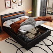 OKWISH Letto Contenitore 140×190 cm, Letto Matrimoniale con Contenitore, LED e Testiera, senza Materasso, in PU, Nero