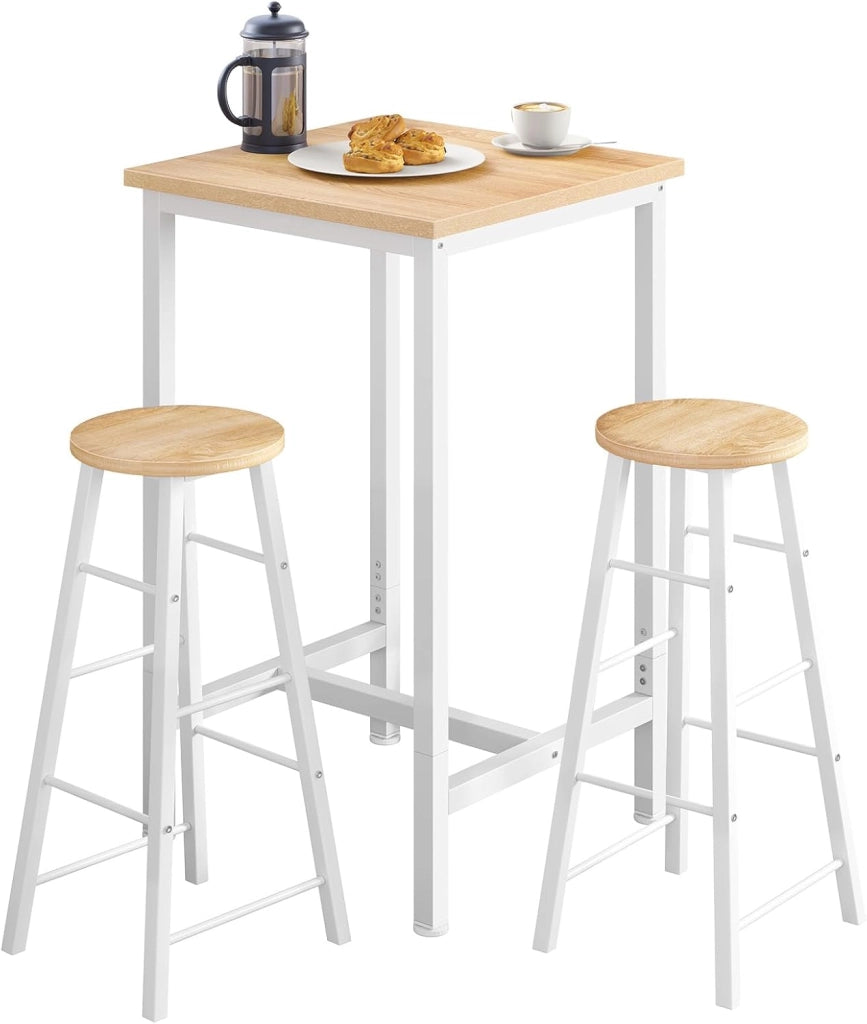 Tavolo da Bar Quadrato, Tavolo Cucina Alto, Tavolino in Metallo & Legno per Cucina, Soggiorno, Rovere Chiaro+Bianco