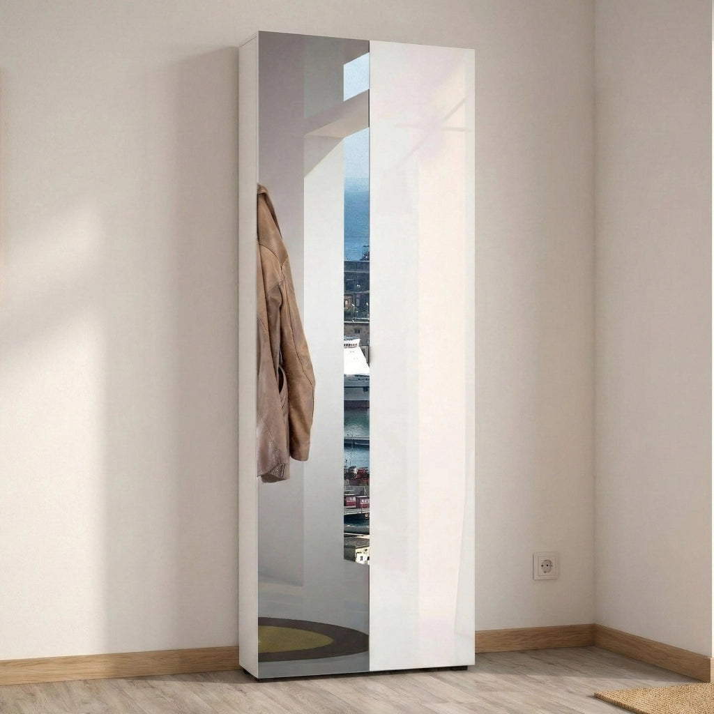 Armadio multiuso 2 ante Crisocolla, Mobile multifunzionale, Mobiletto scarpiera, Guardaroba porta scarpe, Made in Italy, 70x19h200 cm, Bianco lucido