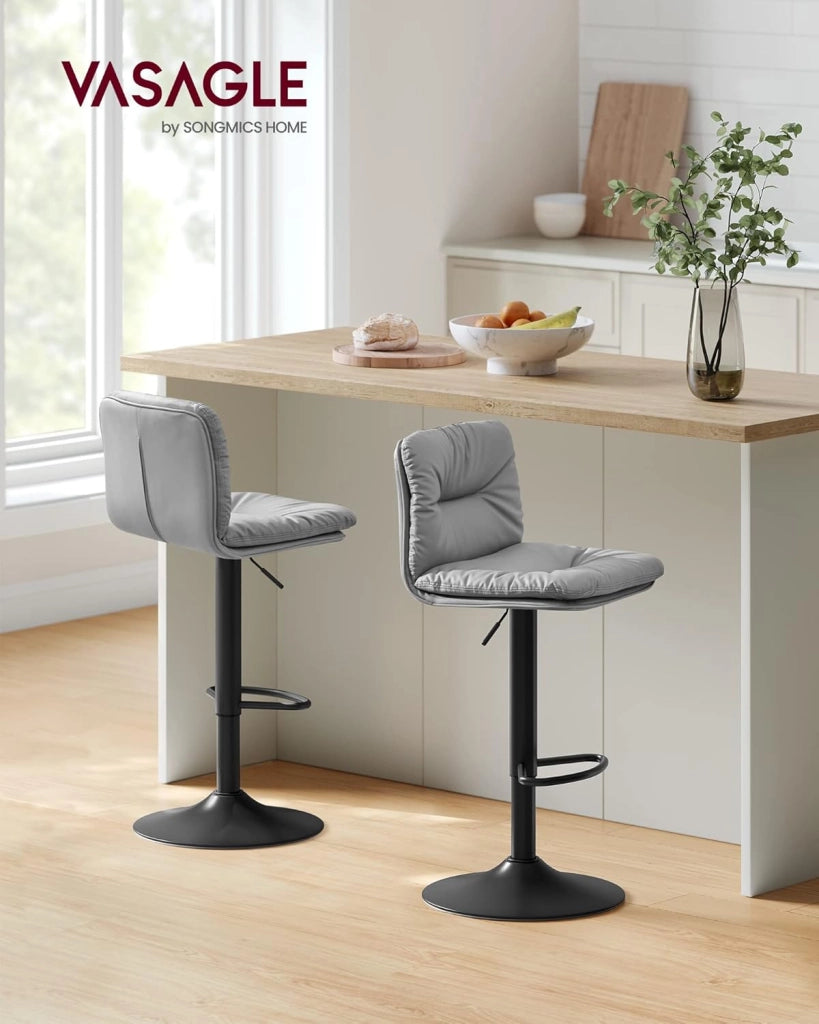 VASAGLE Set di 2 Sgabelli da Cucina, Sgabelli da Bar, Regolabili in Altezza con Rivestimento in PU, Girevole a 360°, Sedia da Bar con Schienale e Poggiapiedi, Grigio LJB094G01