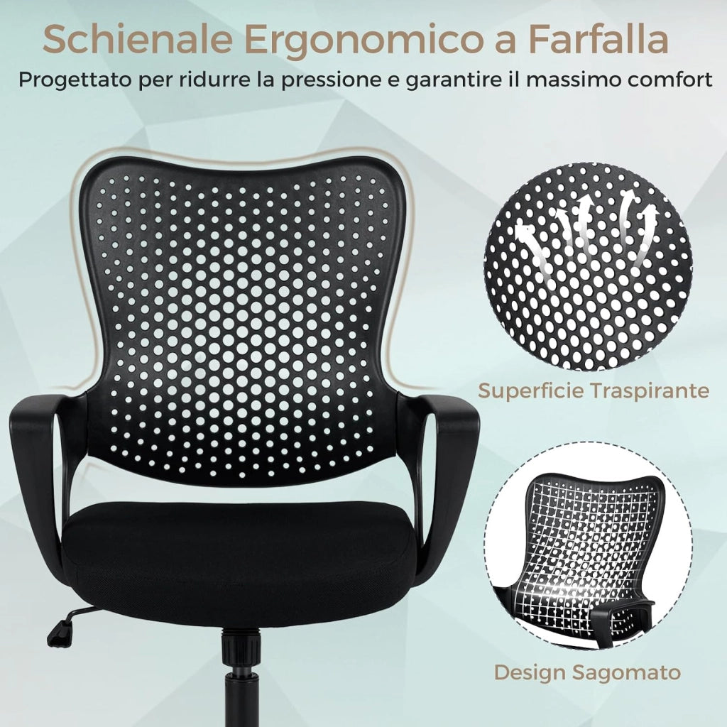 Sedia da Ufficio Ergonomica, con Schienale Reclinabile, Regolabile in Altezza, Sedia Scrivania con Seduta Girevole 360°e Ruote per Ufficio, Studio e Soggiorno, Portata 150 kg (Nero)