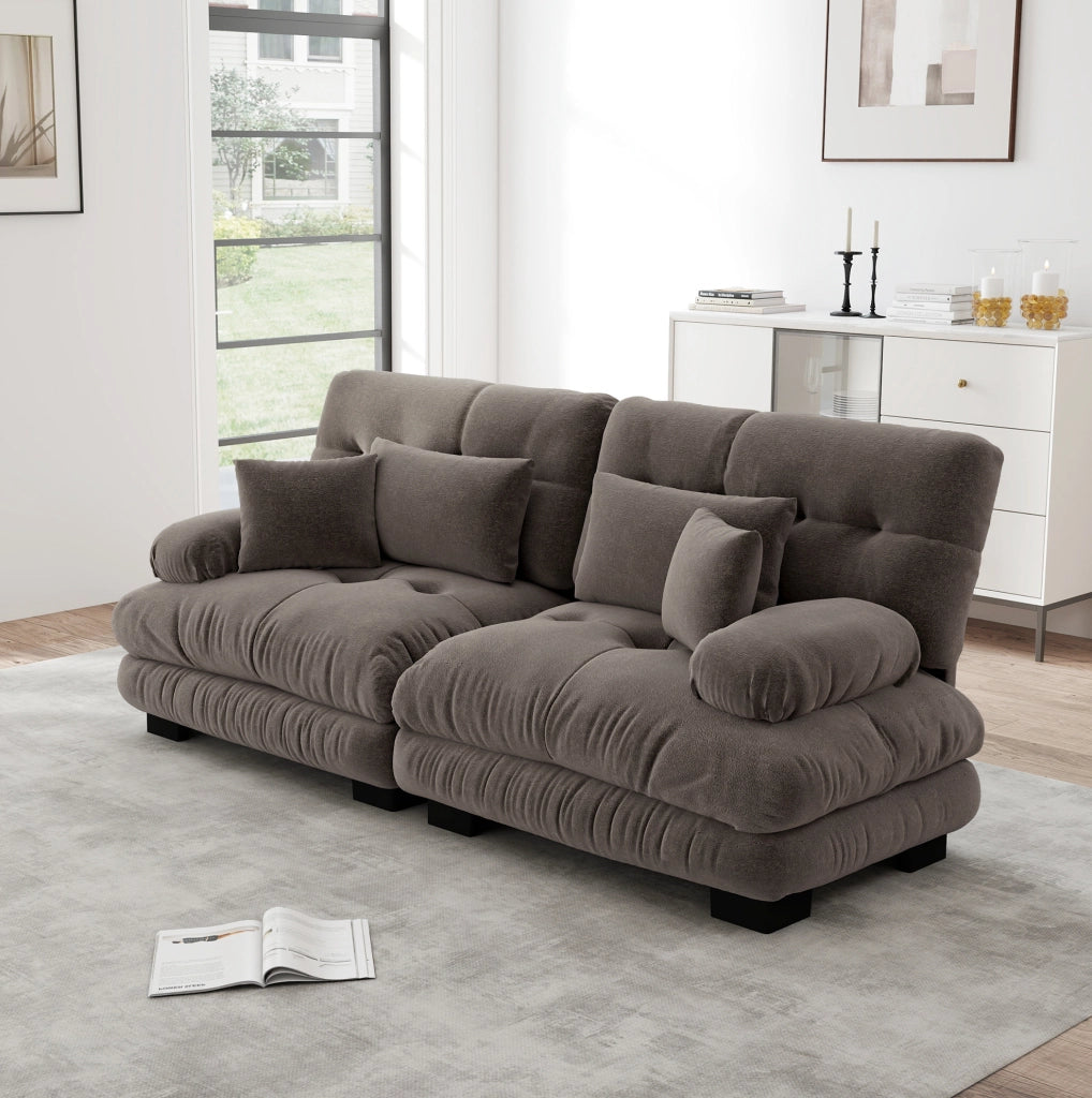 Divano modulare 220x77x81 cm in chenille marrone con cuscini lombari e decorativi