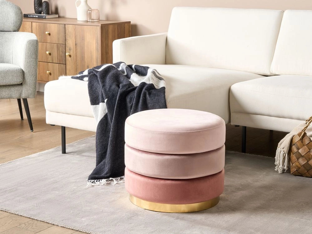 Pouf in tessuto di velluto di colore rosa rotondo con base in oro glamour stile moderno