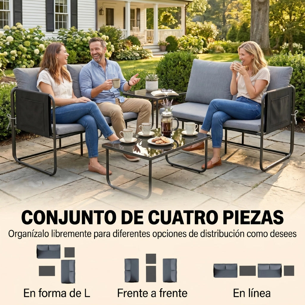 Set Giardino 4 Pezzi con Divani 2 Posti e Tavoli Vetro ¨C Zephmum ¨C Grigio